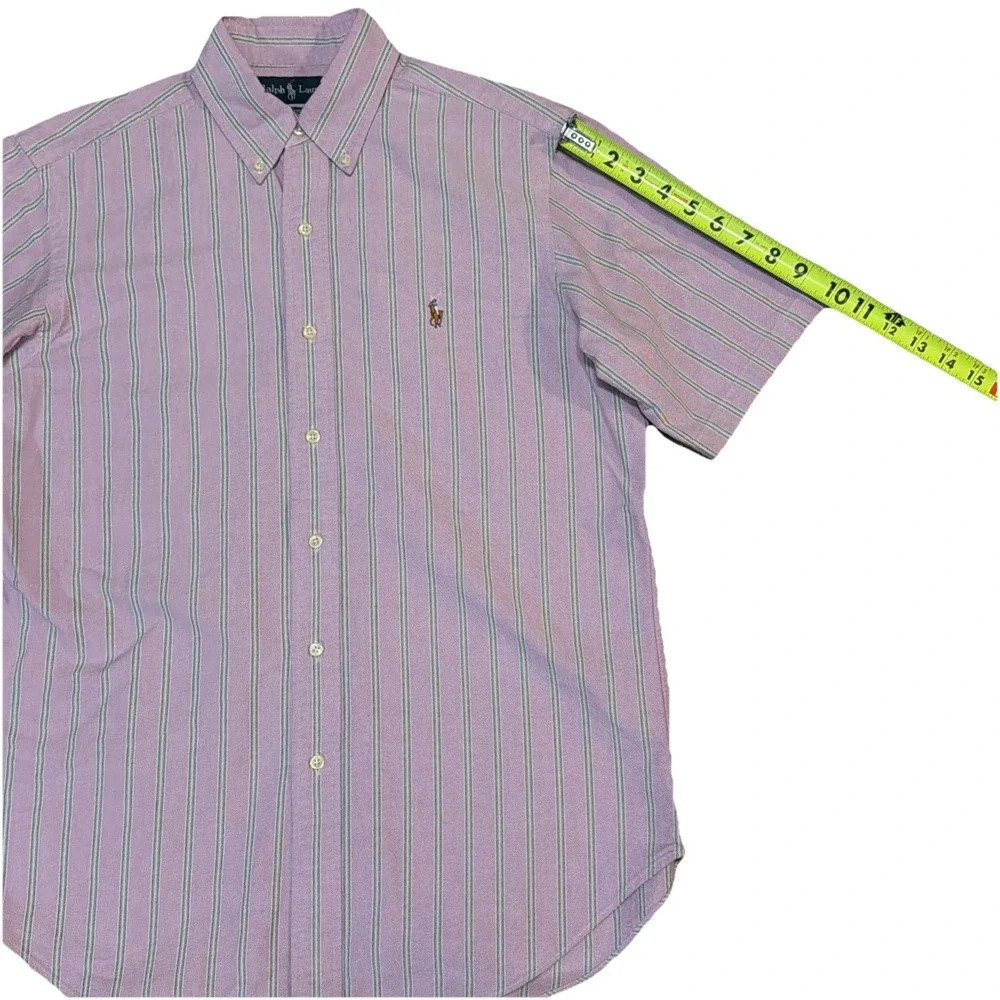 Polo‎ Ralph Lauren 100% Cotton Button Up Short Sleeve Shirt Pink Green Stripes M